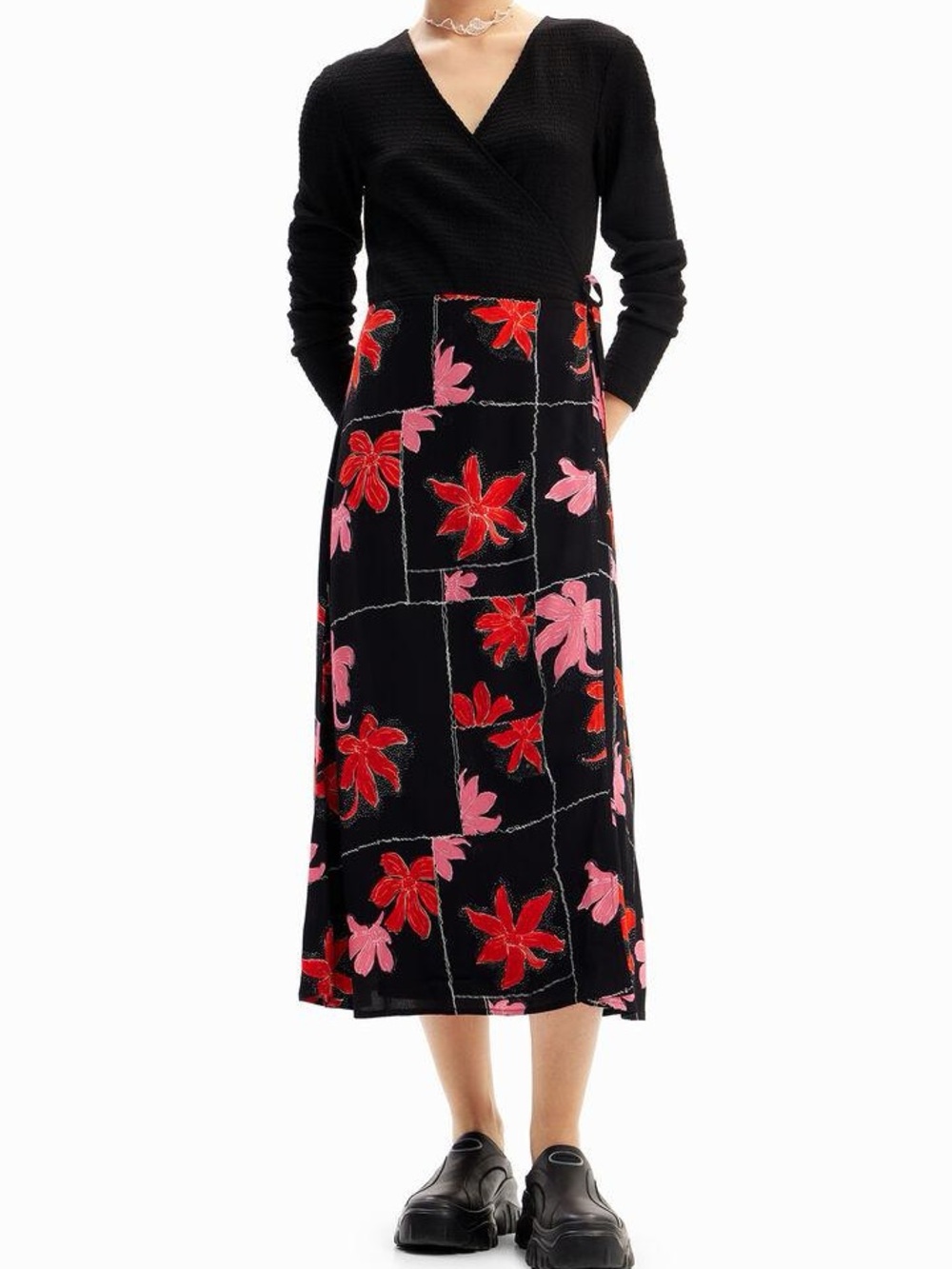 Desigual Black Midi Dress with Red & Pink Floral Blocks
